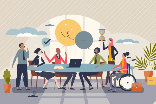 Illustration of six men and women of differnt colours sat aorund a table, one in a wheelchair and one with a scarf on with a latop on it with various plants, briefcases and general speech and thought bubbles giving the impression of a debate